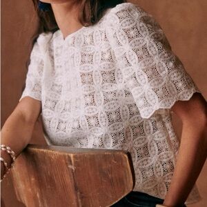 Sezane Lilo Short Sleeve Lace Crochet Top Cream Ecru Size 34